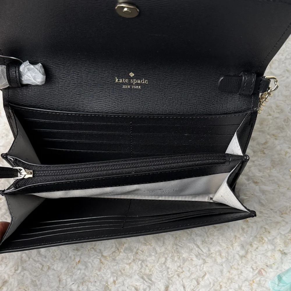 Kate‎ Spade Black Leather Chain Wallet with Cream Interior crossbody